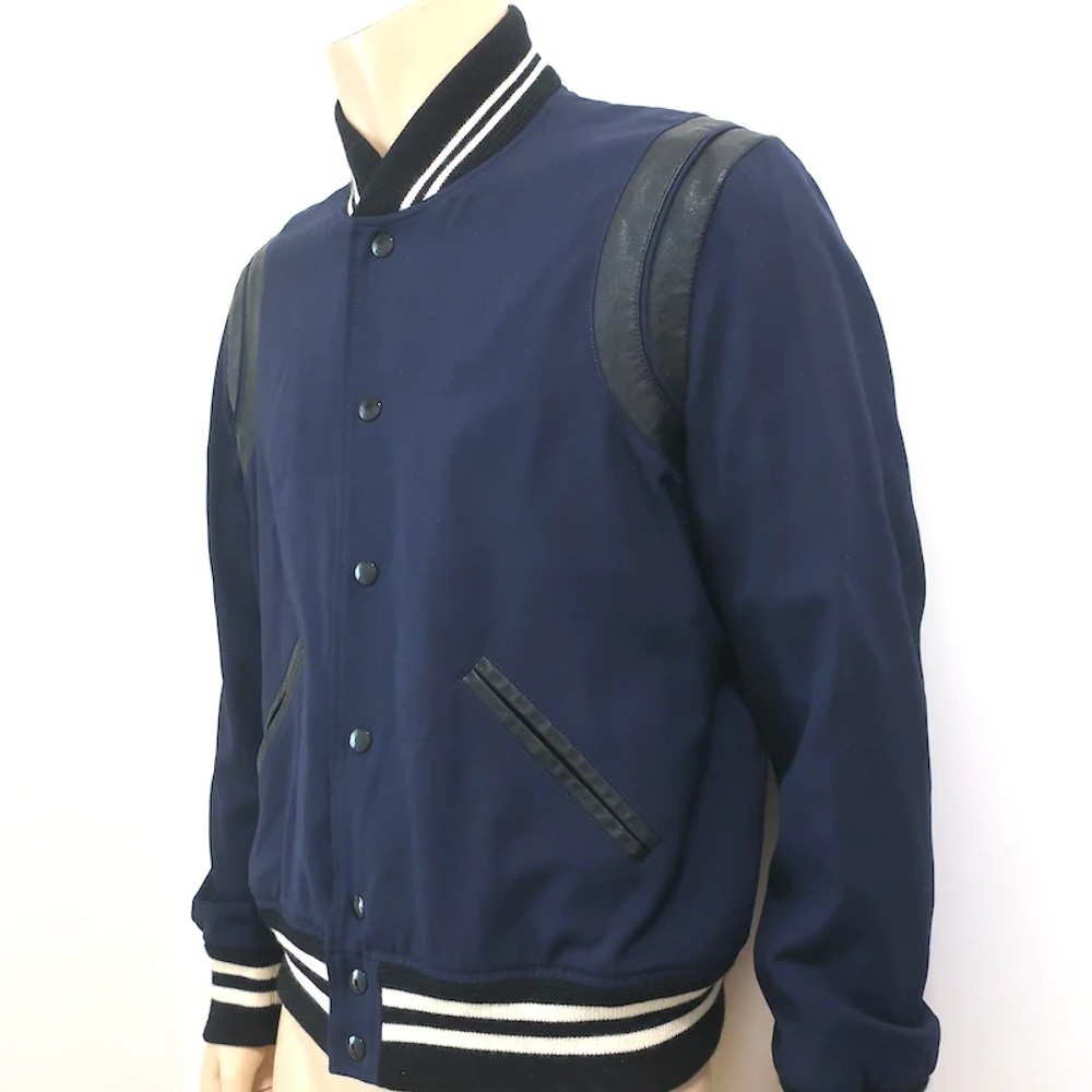 Saint Laurent Teddy Bomber Jacket Navy/Black Leather-Trimmed Wool Size 52 - Picture 2 of 7